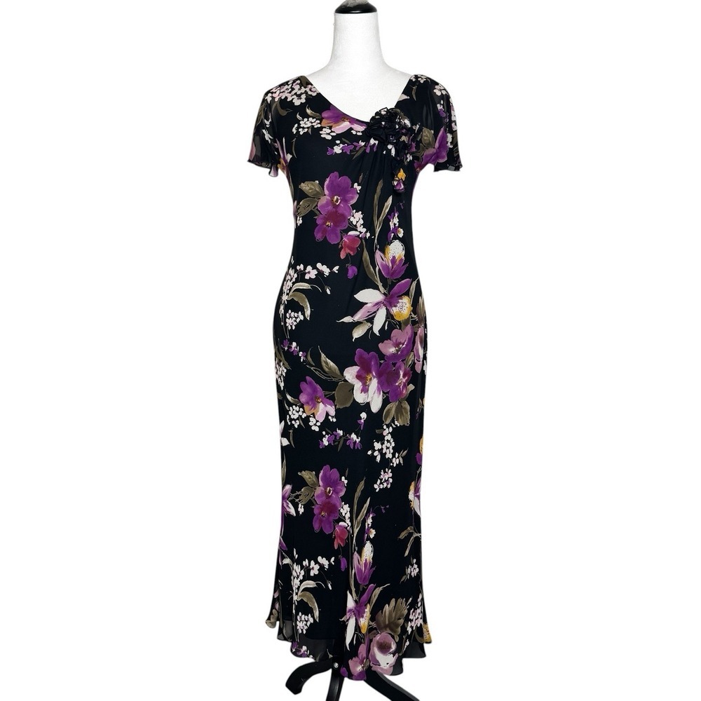 VTG Adrianna Papell 100% Silk Floral Maxi Dress 6 Whimsigoth Vamp Fairy Grunge